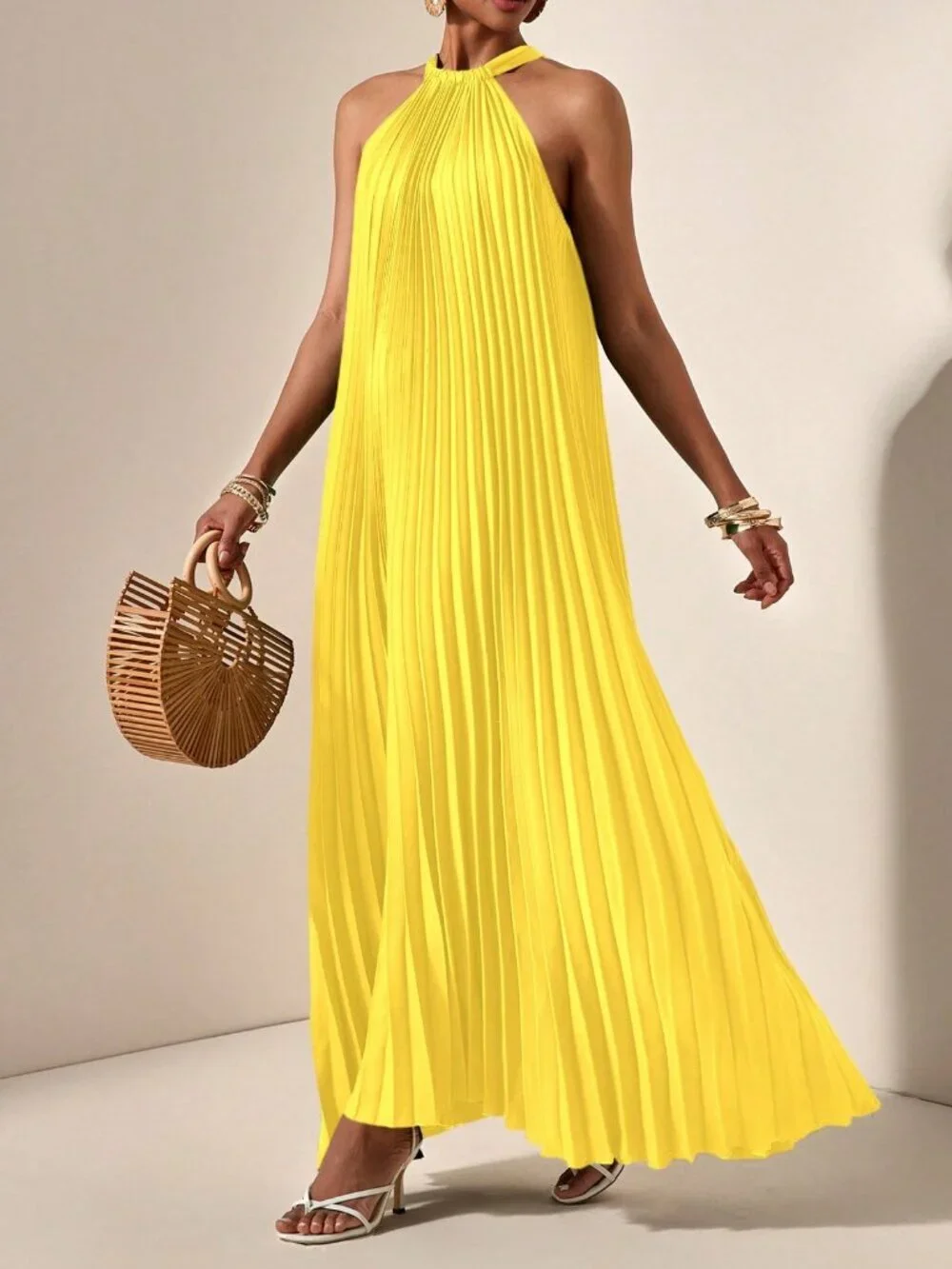 Yellow Casual Women's Halterneck Pleated A-Hem Loose Maxi dress